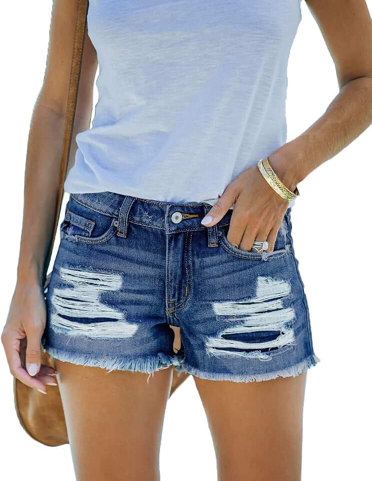 Jean Shorts Womens Mid Rise Casual Stretchy Ripped Distressed Denim Shorts