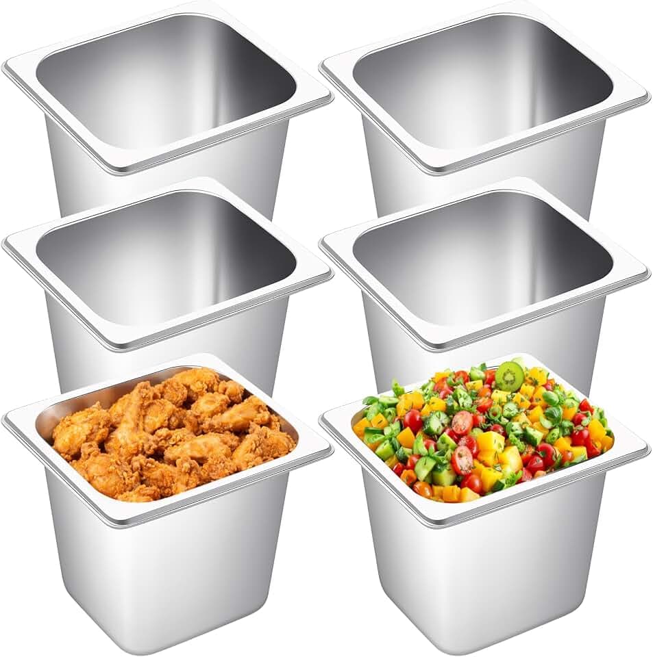 Jinei Steam Table Pan 1/6 Hotel Pan Stainless 201 Steel Size 6'' Deep Storage Catering Metal Commercial Food Pans for Kitchen Restaurant Buffet Party Supplies(6 Pcs)