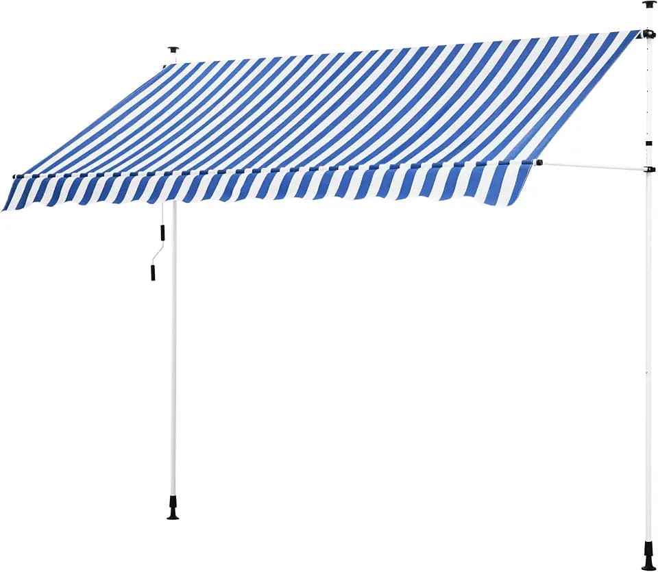 Yaheetech Sonnensegel für Balkon im Freien Veranda mit Armen, ausziehbar mit Verstellbarer Kurbel, einziehbar, UV-beständig, Teleskoprahmen, 300 x 120 cm, Blau und Weiß