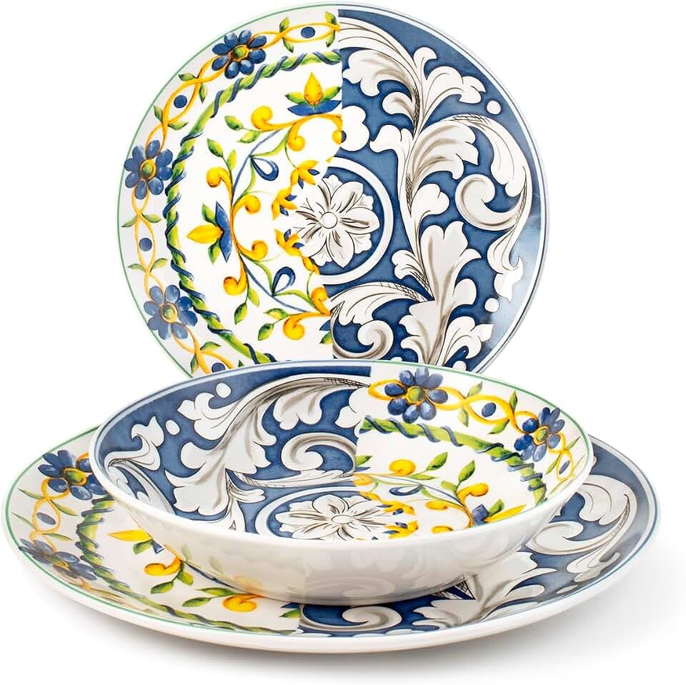 H&H Tafelservice 18-teilig aus Porzellan – Linie Faenza – mediterrane Sommerdekoration – elegante Teller für 6 Personen – spülmaschinenfest und mikrowellengeeignet