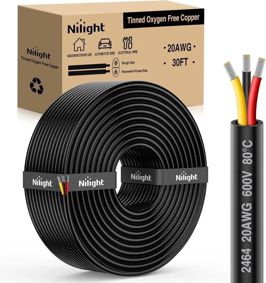 Nilight 30FT 20AWG 3 Conductor Wire Tinned Copper Red Black Yellow