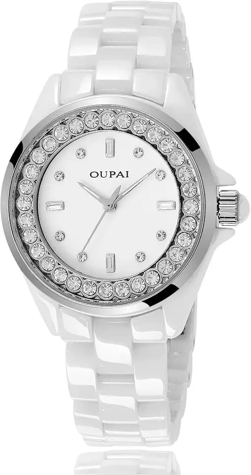 White Ceramic Watches for Women, Fashion Ladies Watch Elegant Dress Women's Wristwatches with Diamond Waterproof Quartz