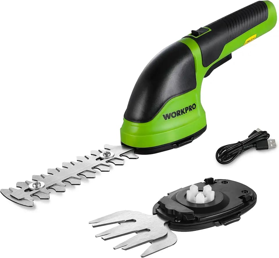 WORKPRO Gartenschere 3,6 V – Handliche elektrische Gras- und Strauchschere mit 2 Messern