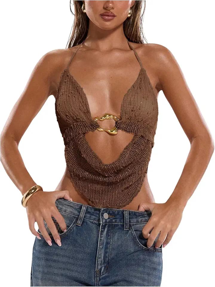 MakeMeChic Women's Y2K Halter Going Out Top Open Back Festival Tank Tops