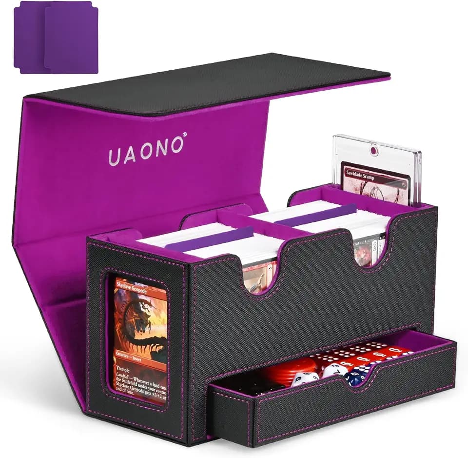 UAONO MTG Deck Box mit 2 Commander Display und Würfelablage, patentiertes Design, Doppeldeck-Box für 250+ einhüllige Karten, Leder-Magnetkarten-Aufbewahrungsbox passend für TCG CCG Magic Cards