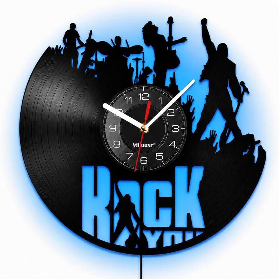 LED-Rock-Wanduhr 30 cm, leise Vinyl-Uhr, 7-Farben-Ambientelicht