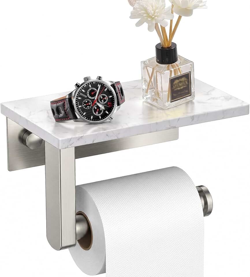 BWE Brushed Nickel Toilet Paper Holder with Marble Shelf Wall Mounted