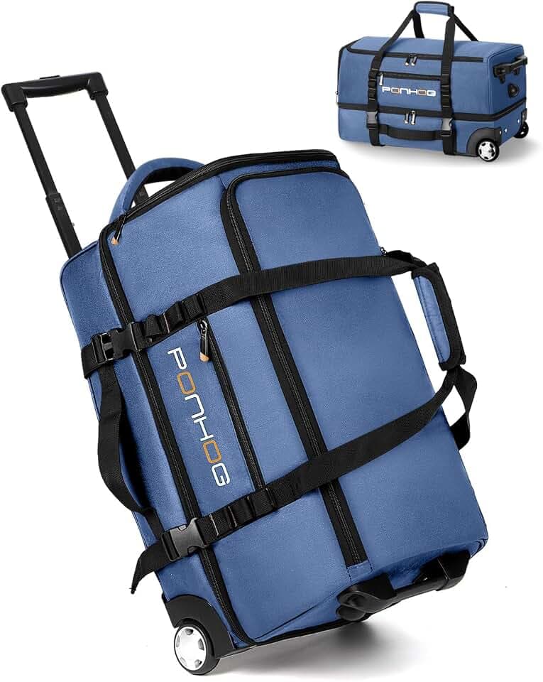 Ponhog 25 Inch Duffle Bag with Wheels for Men - Water Resistant Wheeled Duffle Bag for Weekend Travel & Overnight Trips, Blue