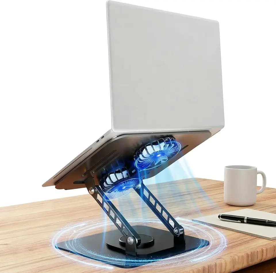 Selbst Laptop Stand for Desk with Quiet Cooling Fans - 360 Rotating Base Ergonomic Computer Stand, Aluminum Laptop Riser Foldable Protable for Office Home fits MacBook Air Pro, Dell, HP (10-17.3'')