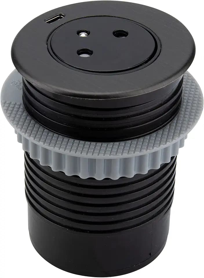 Otio, EasyEject Einbausteckdose mit USB-C QuickCharge, Edelstahl-Finish, schwarz, gebürstet, 16 A (2P+T), Kabel 1,5 m, Durchmesser 60 mm, bündiges Design, kompatibel mit Büros und Küchen