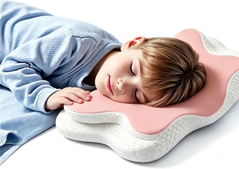 Memory Foam Kids Pillow, Kids Pillows for Sleeping, Ergonomic Contour Pillow and Pillowcase 20x12in(Pink Small)