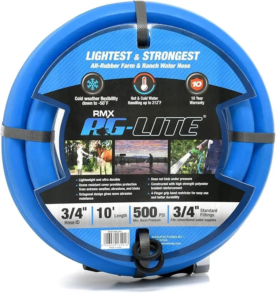 AG-LITE BSAL3410 3/4" x 10' Hot/Cold Water Rubber Garden Hose, 100% Rubber, Ultra-Light, Super Strong, 500 PSI, 50F to 190F Degrees, High Strength Polyester Braided