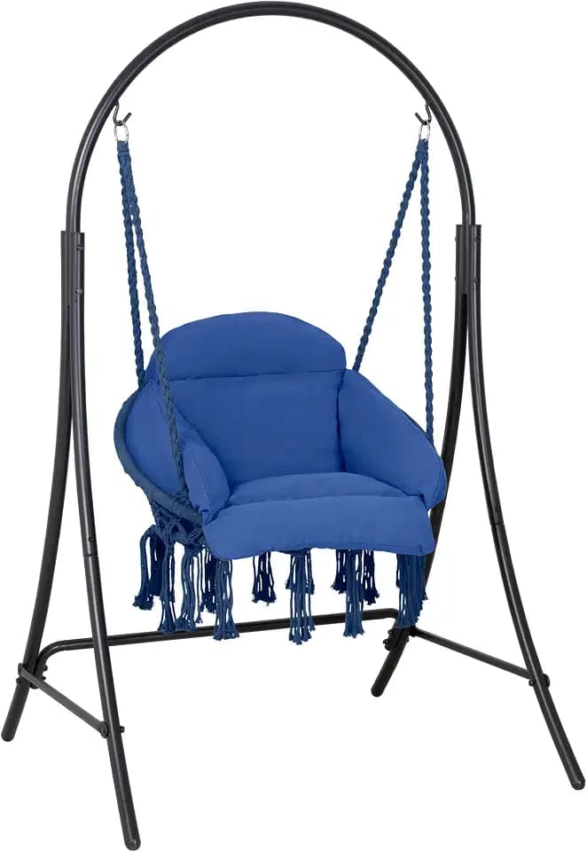 ANOW Heavy Duty Macrame Hammock Swing Chair with Stand, Blue Hanging Chair