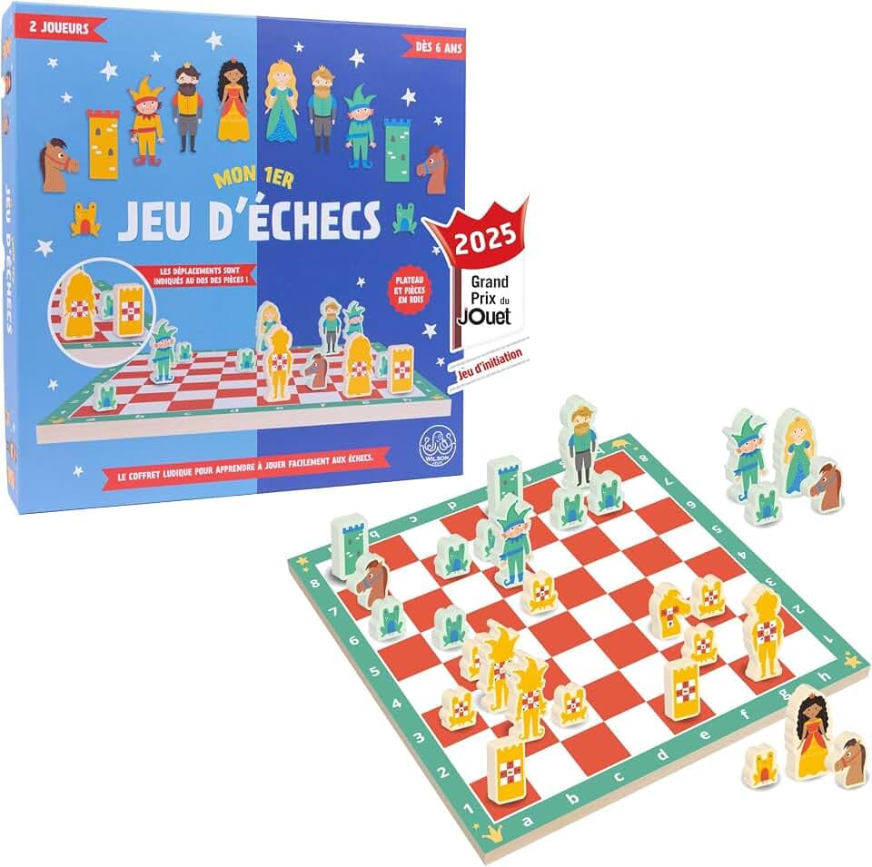Wilson Spiele – Mein erstes Schachspiel – Großer Preis des Spielzeugs 2025 – Spielerische und lehrreiche Einführung in das Schachspiel – Holzbrett 30 cm mit Bewegungen der auf der Rückseite markierten