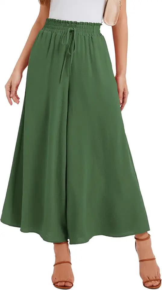 Sommerhose Damen Leicht Lässige Palazzo Hose Elegant High Waist Baggy Freizeithose mit 2 Taschen