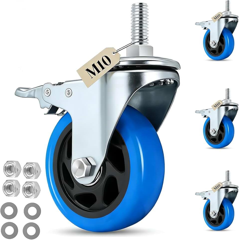 100MM Lenkrollen mit Bremse, 4 Stück Möbelrollen mit M10 x 1,5 x 30mm Schraube, Schwerlastrollen Transportrollen 360° Drehung bis 500KG, Möbelrollen Gewinde M10 für Wagen, Möbel, Grill