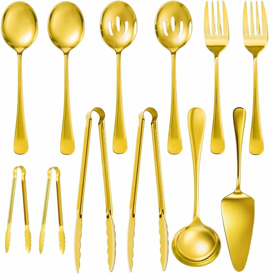 Artcochan 12 PCS Gold Serving Utensils, Stainless Steel Set Includes Large Serving Spoons, Slotted Spoons, Ladle, Forks, Tongs, Appetizers Tongs and Cake Server for Buffet Party Catering
