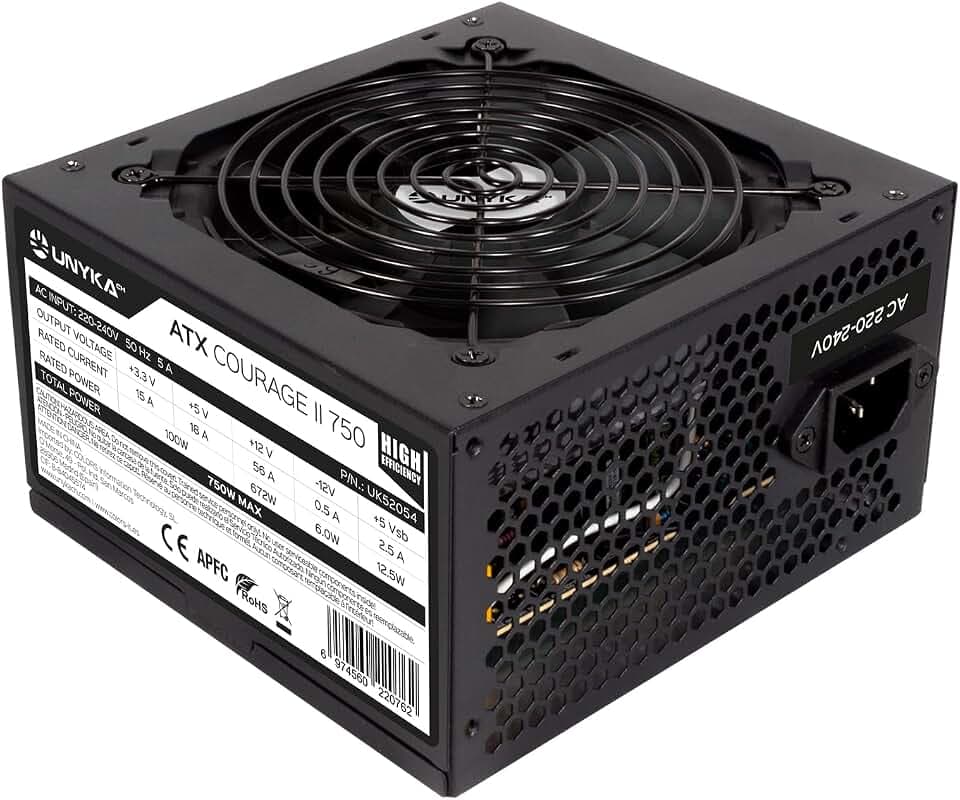 UNYKAch ATX Courage II Netzteil 750 W, hohe Effizienz, mit aktivem PFC und super leisem Ventilator, speziell für Profis und Gaming