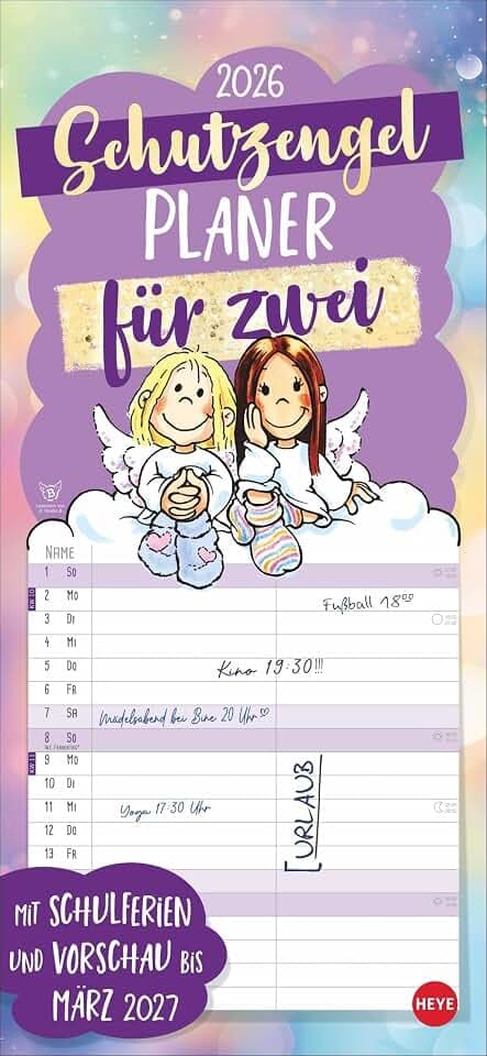 Schutzengel Planer für zwei 2026: Wandplaner für 2. Partnerkalender mit 2 Spalten. Terminkalender mit niedlichen Cartoon-Engeln. Wandkalender für 2 Personen. (Familienplaner Heye)