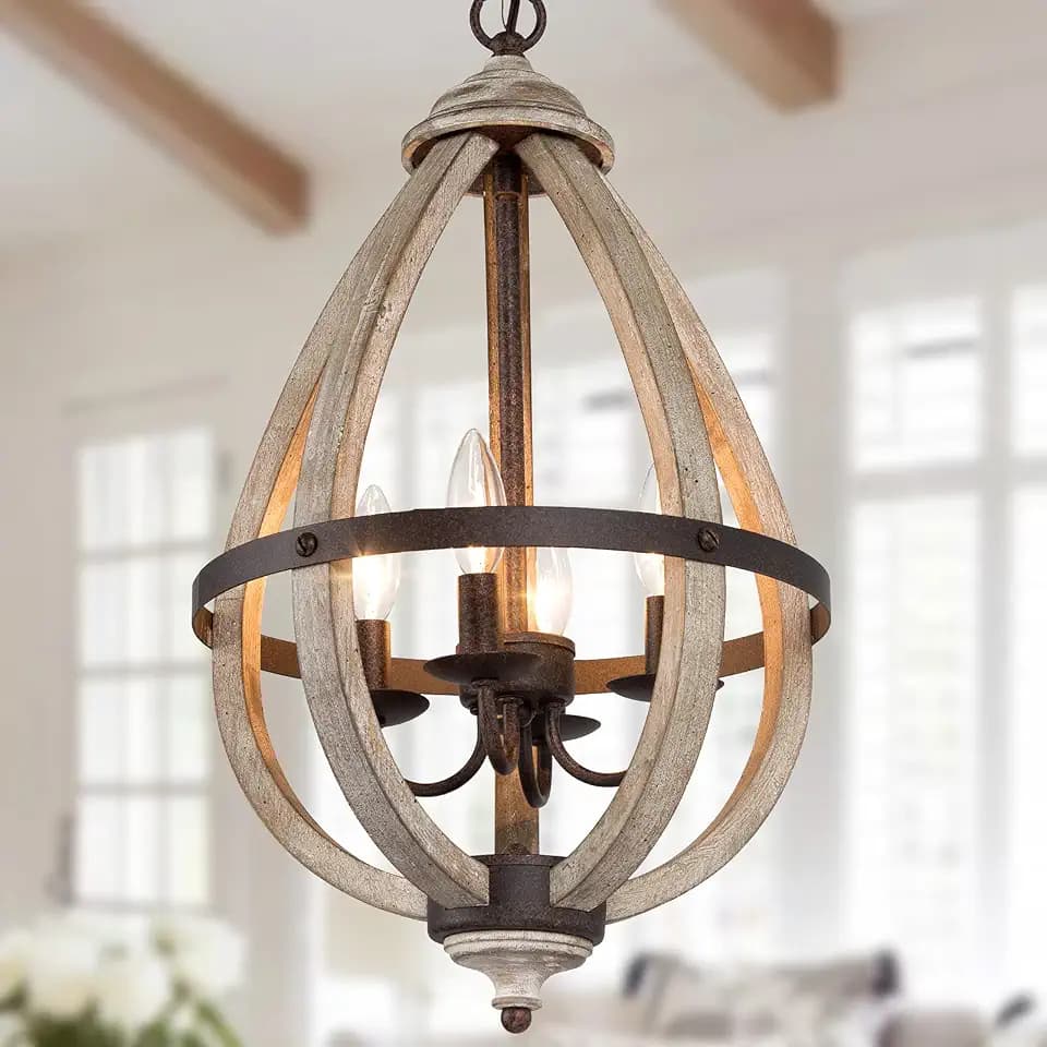 Farmhouse Chandelier, Orb Wood Chandelier, 4-Light Entryway Foyer Lighting with Hand-Brushed Rust Metal Finish, Brown