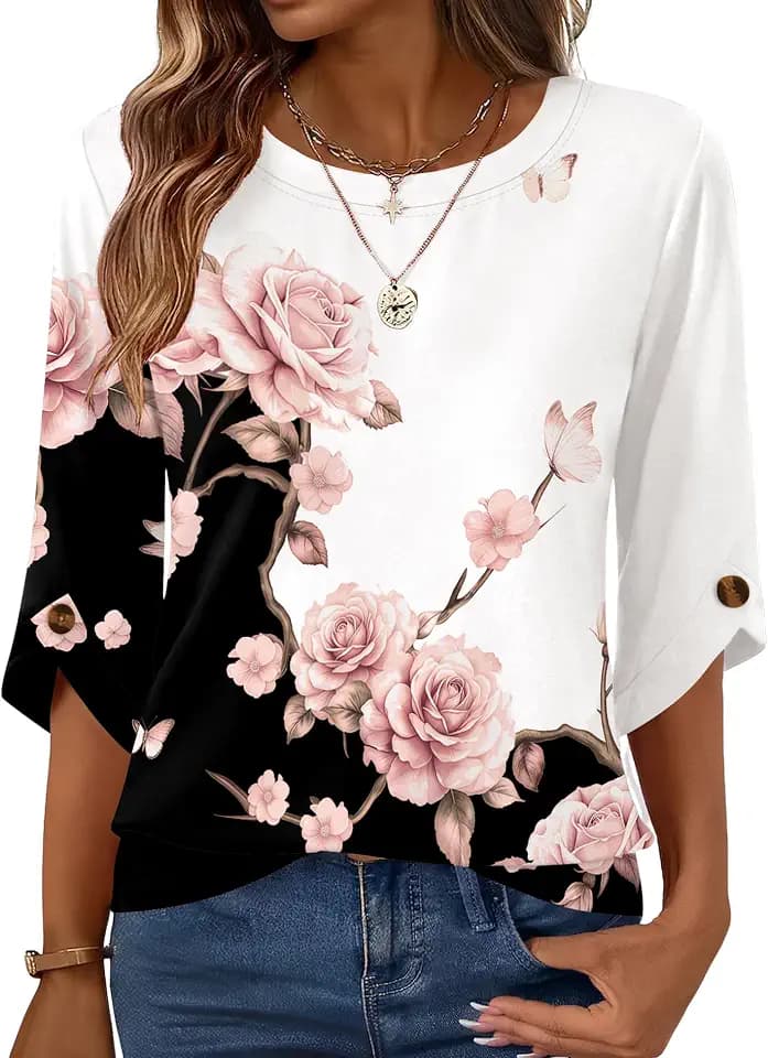 Blingfit Womens 3/4 Sleeve Crew Neck Tops Business Work Casual Blouses