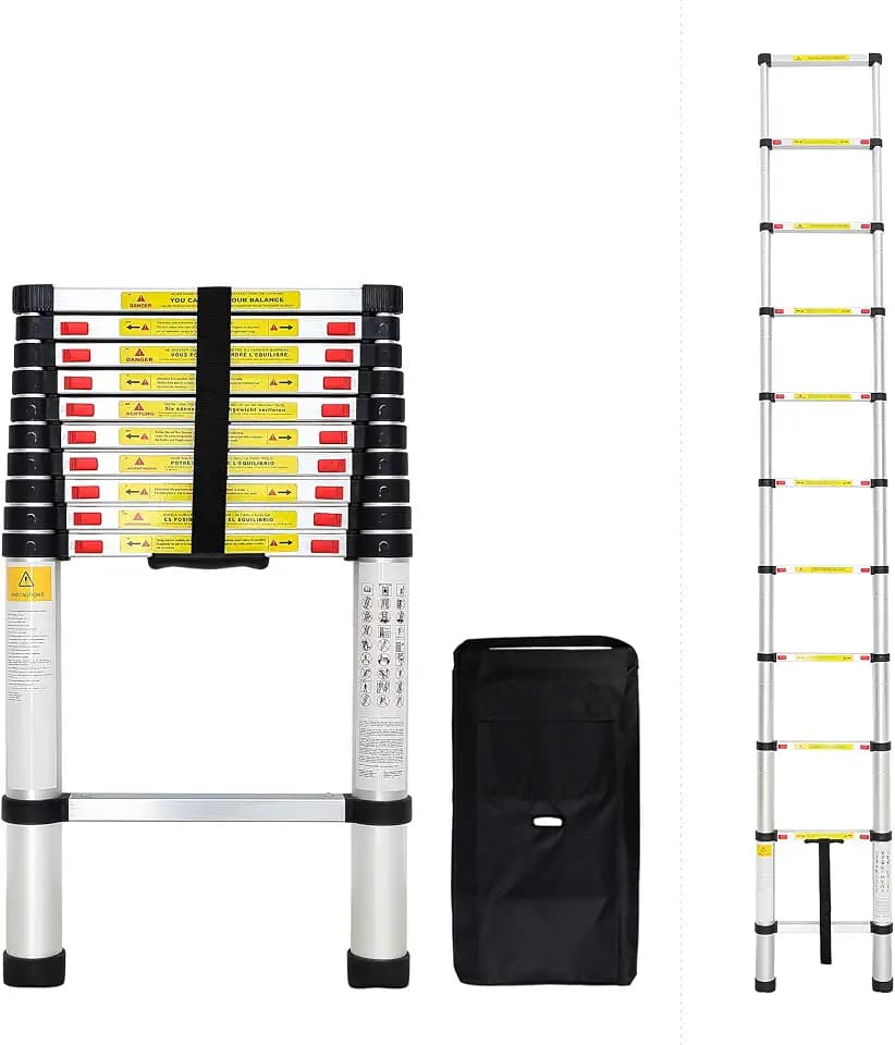 Todeco - Teleskopleiter, Klappleiter - Maximale Belastbarkeit: 150 kg - Material: Aluminiumlegierung - 3,2 Meter, GRATIS Tragetasche, EN 131