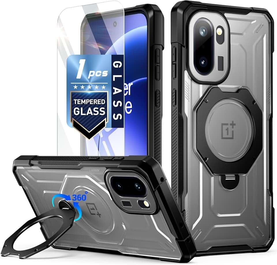 POETIC Schutzhülle für OnePlus 15R | Fallschutz nach Militärstandard | 360° drehbarer Magnetring-Ständer | Displayschutz aus gehärtetem Glas | Transparente Handyhülle | Schwarz/Transparent