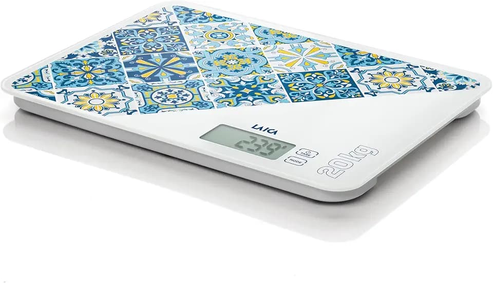 LAICA Digitale Küchenwaage – Küchenwaage mit hoher Präzision 20 kg, großes LCD-Display, Tara- und Gewichtserhaltungsfunktionen, Messung des Wasservolumens, gehärtetes Glas – Blau