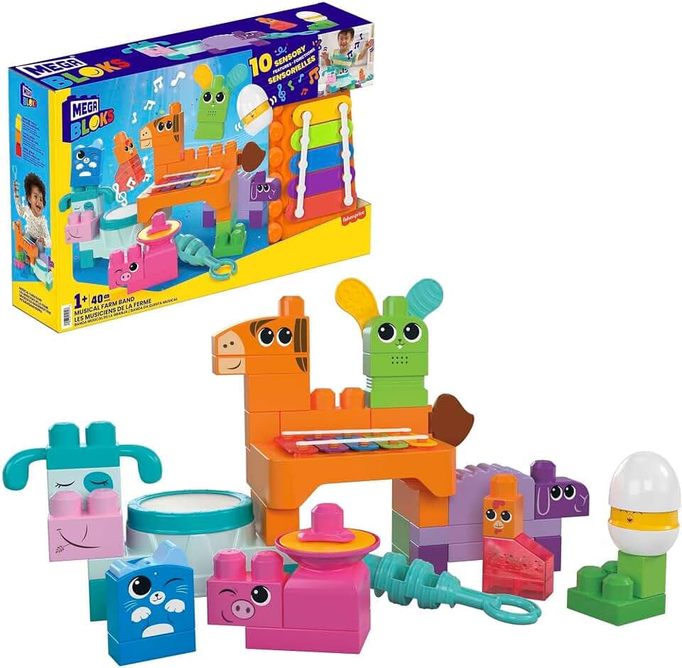 MEGA Blocks Fisher-Price sensorisches Bauspielzeugset, Musikspaß Bauernhoftiere mit 45 Bauklötzen für Kleinkinder und 6 Notenblättern, Geschenkideen für Kinder ab 1 Jahr, HPB46