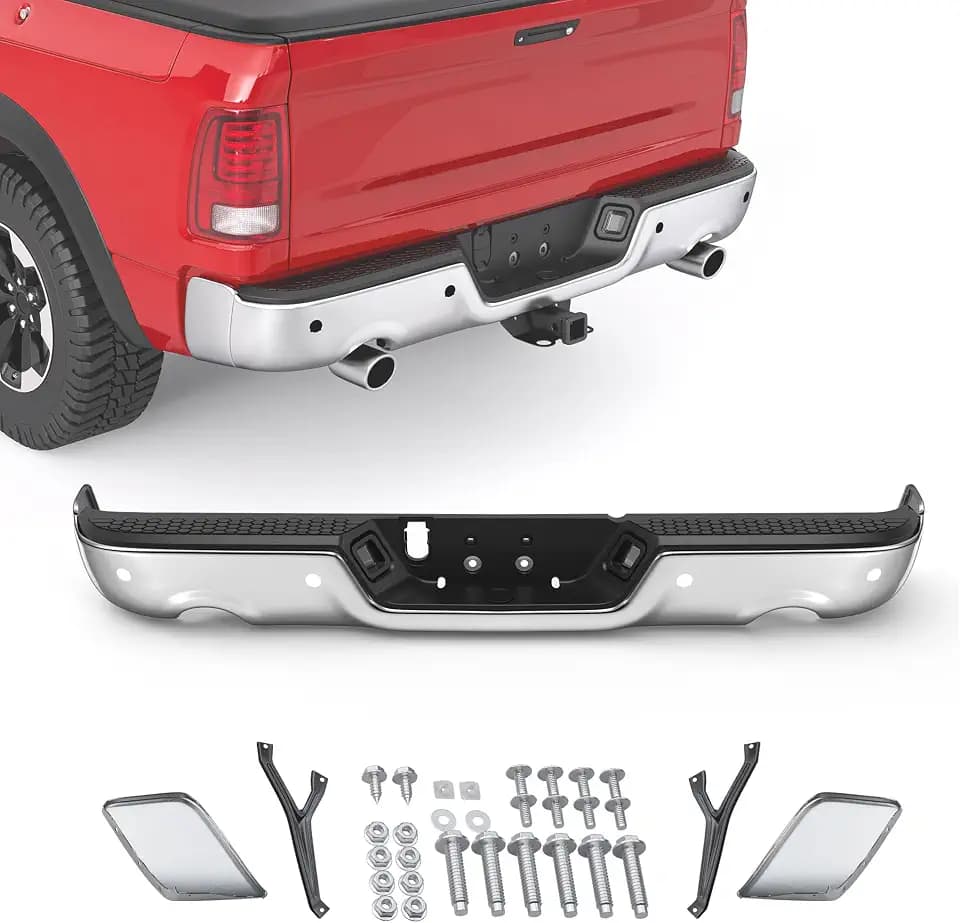 MOSTPLUS Chrome Rear Bumper Assembly Compatible for 09-18 Dodge Ram 1500/10-12 Ram 2500 3500 W/Parking Sensor Holes W/Dual Exhaust Complete Back Step Bumpers