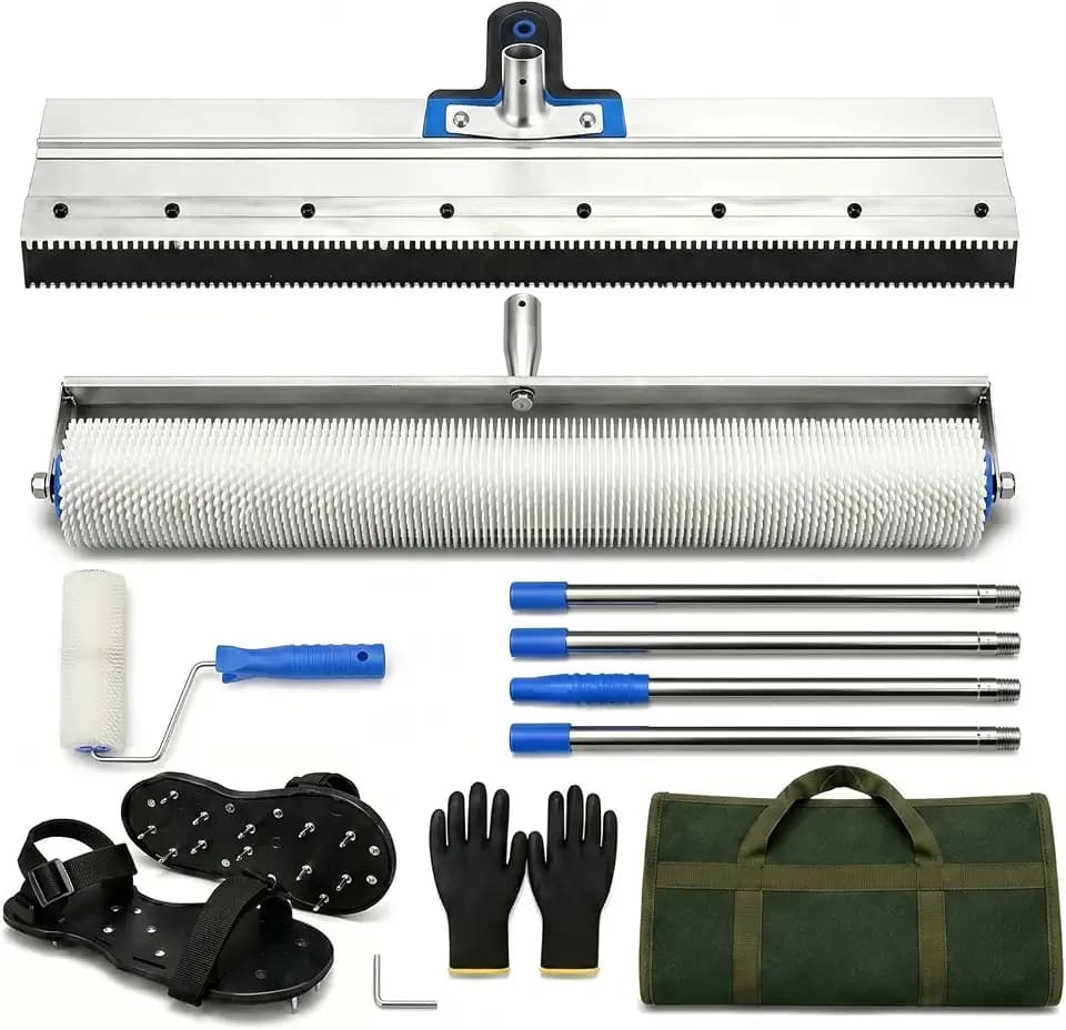 Self-Leveling Cement Tool Kit,Spike Roller, Epoxy Spiked Shoes, Rake