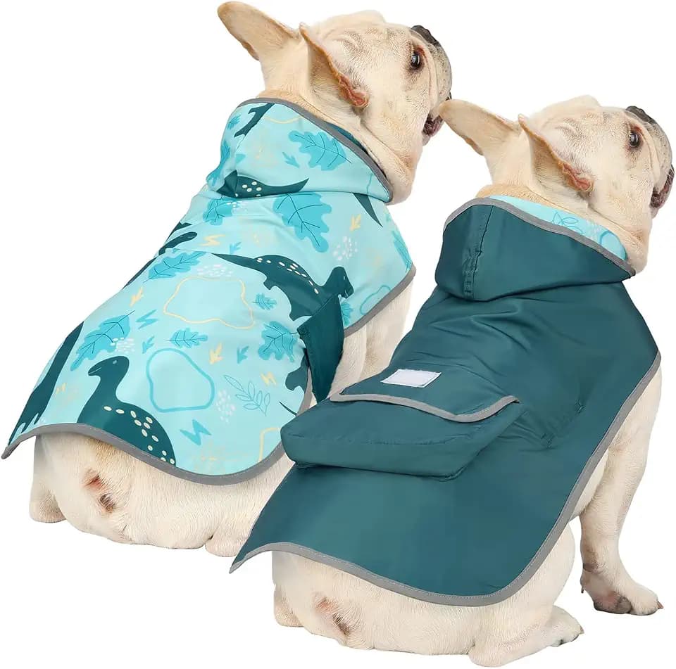 HDE 2-in-1 Reversible Dog Raincoat Hooded Poncho Rain Jacket Teal Dino S