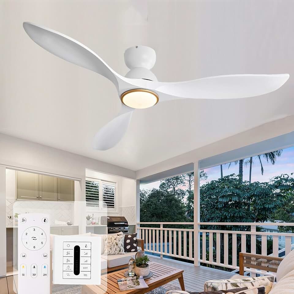 52 Inch Flush Mount White and Gold Ceiling Fans with Lights and Remote,Low Profile Ceiling Fan with Light,Dimmable,Quiet Noiseless DC Motor for Patios,Living Room,Bedroom(Wall Control Switch)