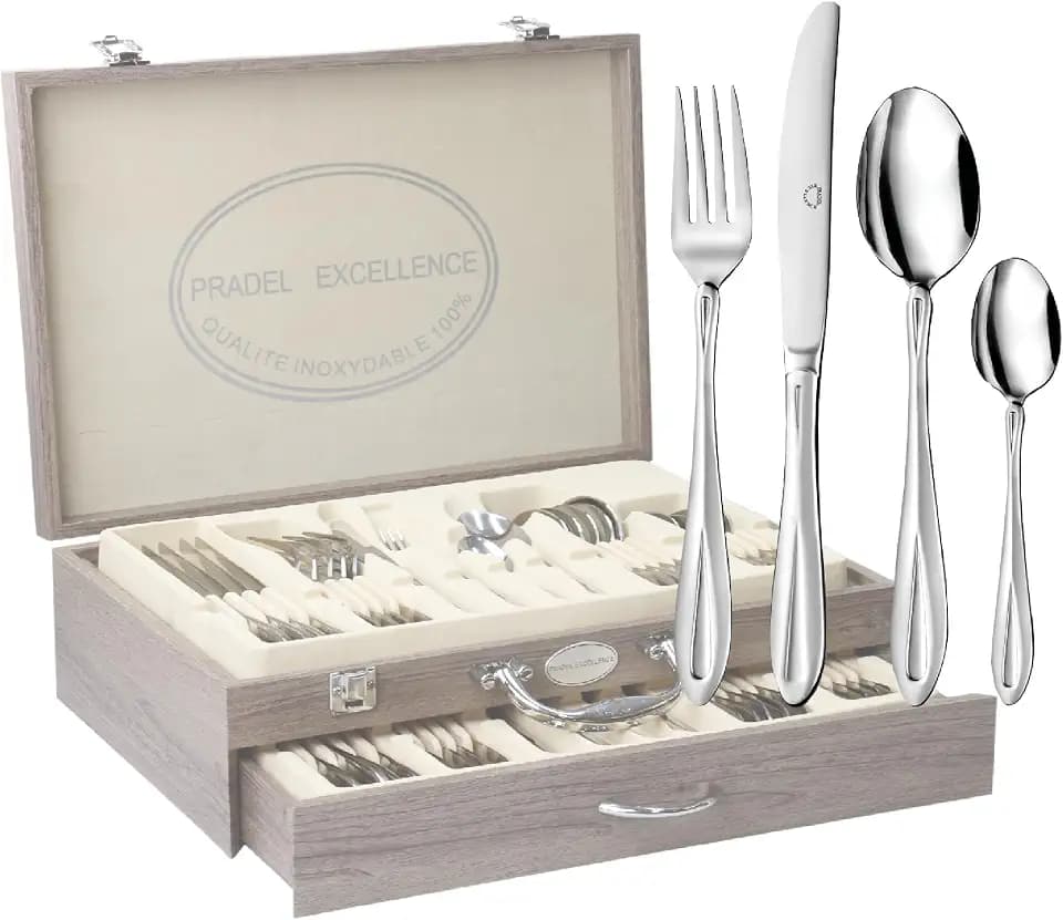 Pradel Excellence, D570-48, Besteck-Set Miroir 48-teilig, 12 Tafelmesser + 12 Gabeln + 12 Suppenlöffel + 12 Kaffeelöffel, Edelstahl, Lieferung in Holzkiste