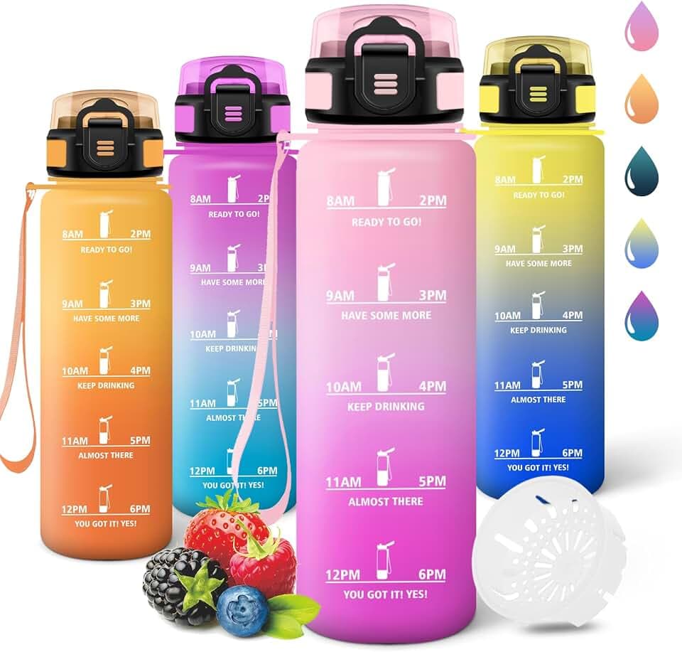 Trinkflasche, 1000ML BPA-Frei, Wasserflasche, Auslaufsicheres Schlossdesign, Gym Flasche, Flasche mit zeitmarkierung, Sport Trinkflasche für Camping, Fitnessstudio, Berge besteigen - Rosa&Rosa