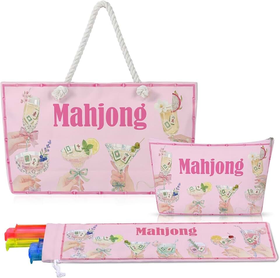 3 Pcs Mahjong Bags for Tile and Rack, Cheers, Canvas, Pink