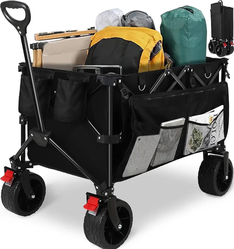HAUSPROFI Collapsible Wagon Cart, 400 lbs Capacity, 7 cu ft (200L) Large Storage, Heavy Duty Foldable Utility Wagon with Pockets, Beach Wagon with Big Wheels for Sand, Garden, Camping & Grocery