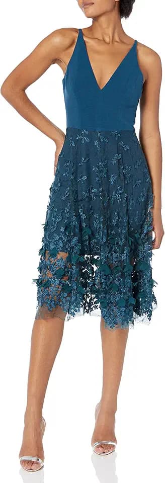 Dress the Population Women's Darleen Sleeveless Plunging Neckline Fit and Flare Midi Dress