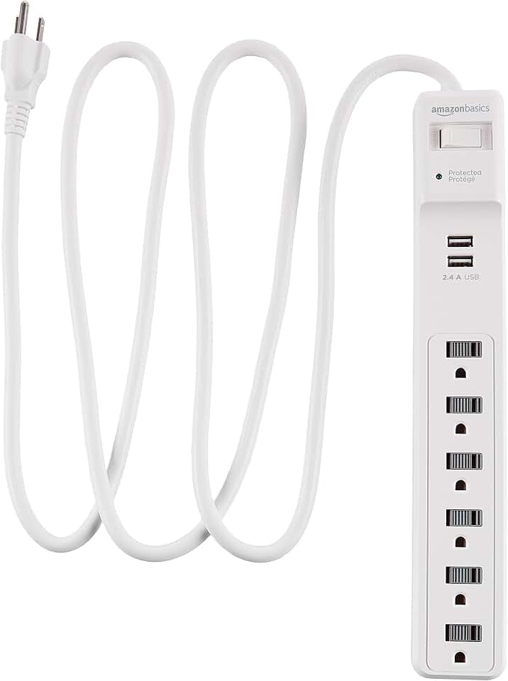 Amazon Basics Power Strip Surge Protector with 6 Outlets, 2 USB Ports, 1000 Joule Protection, 6-Foot Extension Cord, White