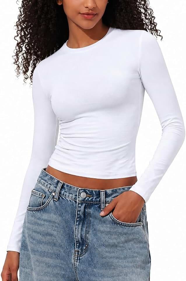 PrettyGuide Womens Cotton Long Sleeve Shirts Tight Fit Basic Y2K Crop Tops