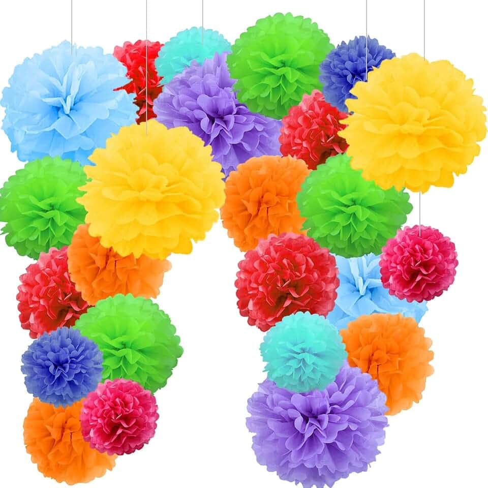 24 Pompons, mehrfarbig, Dekoration für Geburtstag, Pompoms, Blumen aus Seidenpapier, Fächer und Kugeln aus Papier, Girlande, Deko für Karneval oder Geburtstag, 24 Stück