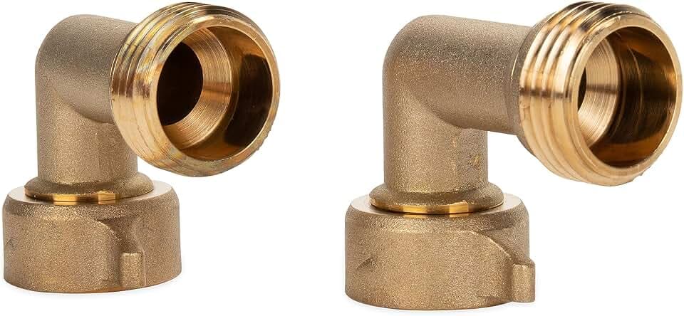 Camco 90-Degree Hose Elbow For RVs — Solid Brass Construction— Certified Lead-Free — Features Convenient Easy Grip Connector — For RV Water Hoses, Residential Outdoor Faucets, & More — 2-Pack (22507)