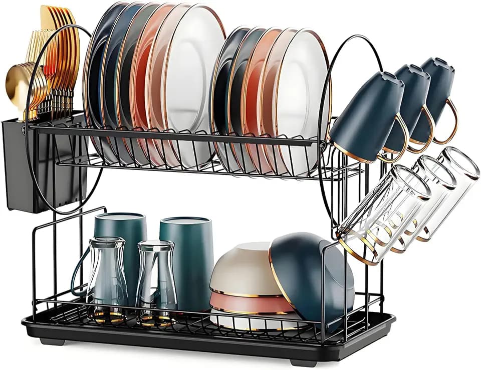 QIANGUANG Abtropfgestell Geschirr, 2-Stufiges Geschirrabtropfgestell mit Abtropfschale und Abtropfmatte, Große Kapazität Dish Drainer Organizer mit Utensil Halter, Drain Board, Tassen Halter, Schwarz