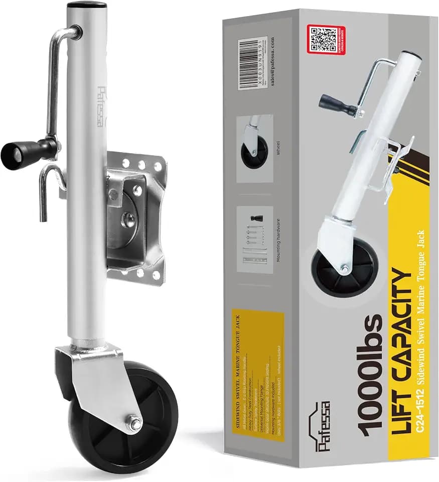 Heavy Duty Trailer Jack - 1000lb Lift Capacity, 10" Lift, Sidewind Swivel Marine Tongue Jack - Bolt On with Wheel for RV/Boat