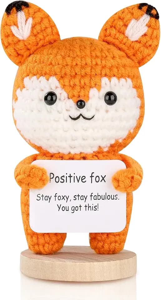 Mini Funny Positive Crochet Animals Fox, Cute Crochet Fox with Positive Card and Wooden Base, Handmade Emotional Support Gift, Positive Gifts for Women Girls Teens Friend