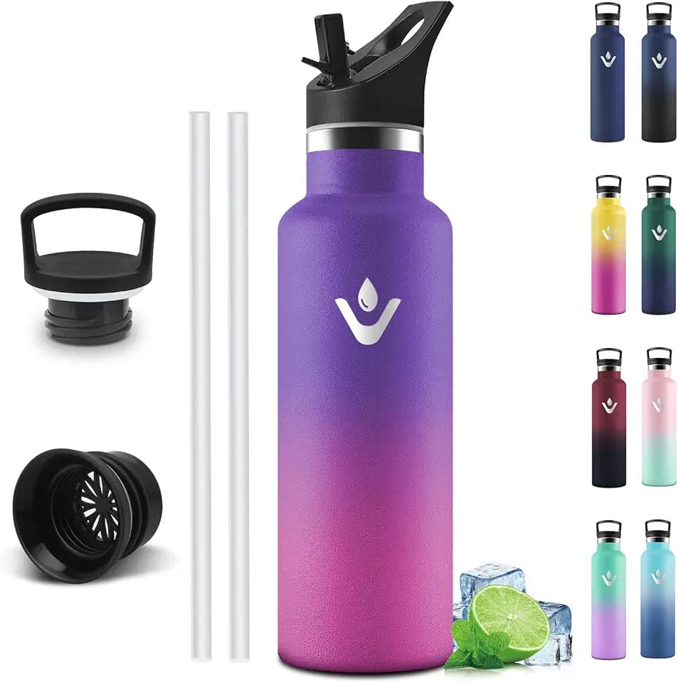 Motswedi Trinkflasche Edelstahl 750 ml, Auslaufsicher, Thermosflasche Kalt & Warm, Trinkflasche mit Strohhalm, Isolierte Flasche, Wasserflasche, für Gym, Sport, Fitness, Dunkelviolett & Fuchsia