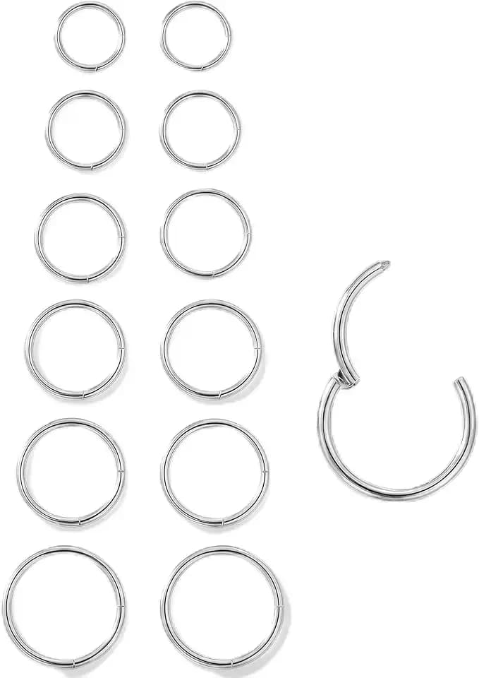 6Pairs Nose Rings Hoops - 316L Surgical Steel Hinged Nose Hoops 16G/18G/20G Clicker Septum Nose Ring Lip Helix Cartilage Hoop Earring Daith Rook Conch Body Piercing Jewelry for Women Men 6mm 7mm 8mm 9mm 10mm 12mm
