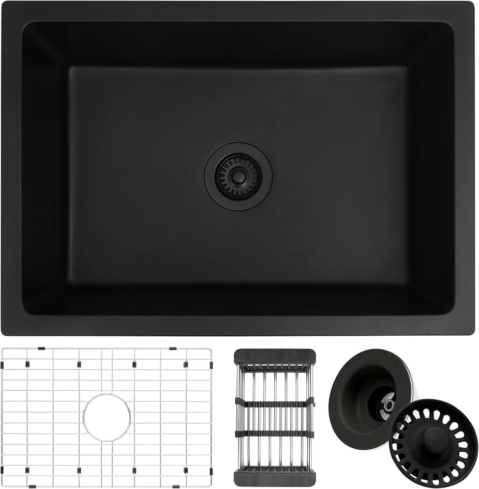 Black Kitchen Sink, Granite Composite Undermount Sink, 27 Inch Single Bowl