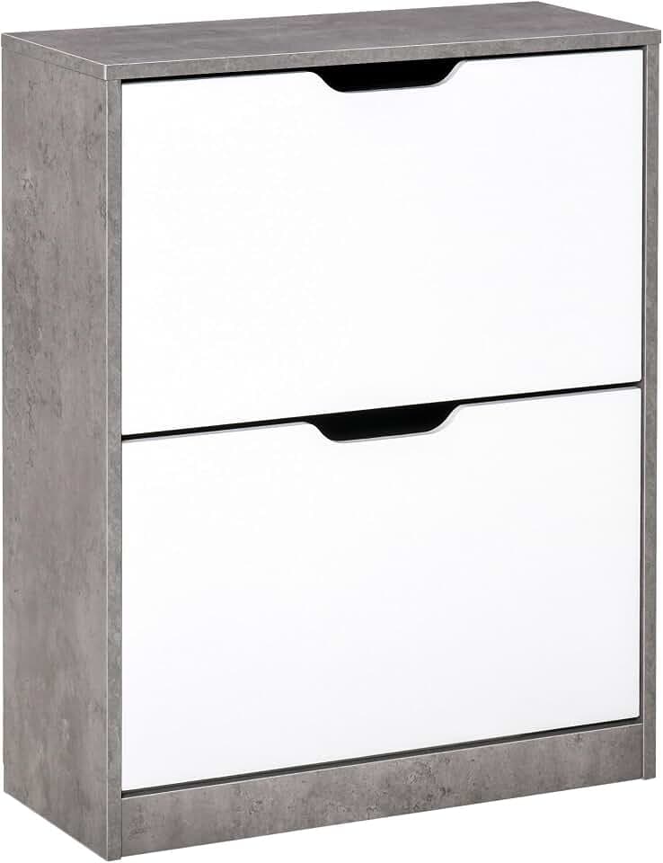 HOMCOM Schuhschrank, Eingangsschrank, 2 Klapptüren, 62,5 x 26 x 81 cm, Grau und Weiß