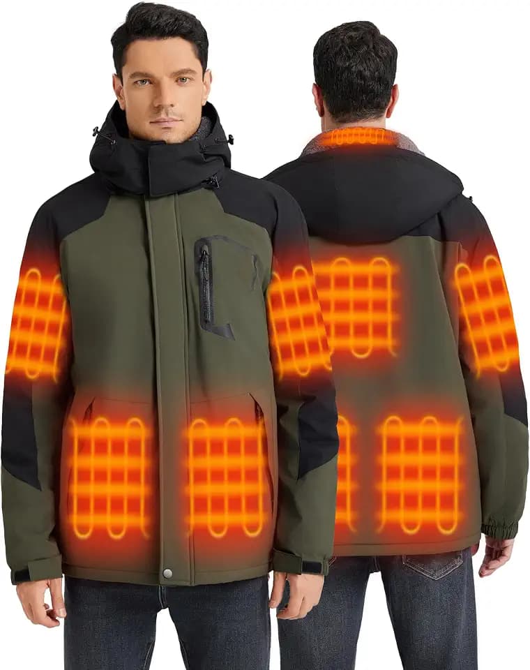 Beheizbare Jacke Herren mit 18400mAh 12V Powerbank, Heizjacke Herren Warm Gefüttert, Herrens Beheizte Jacke mit Abnehmbarer Kapuze Winddicht Wasserdicht für Ski Freien Winter-S